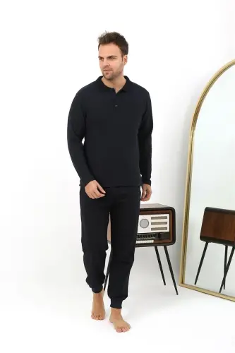Akbeniz Erkek Polo Yaka Uzun Kol Penye Pijama Takımı 6862 Lacivert - AKBENIZ (1)