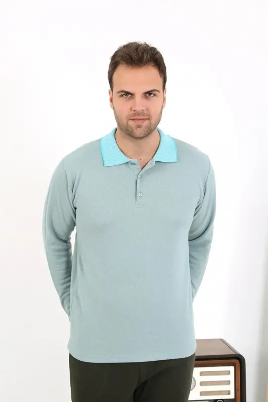 Akbeniz Erkek Polo Yaka Uzun Kol Penye Pijama Takımı 6862 Su Yeşili - AKBENIZ