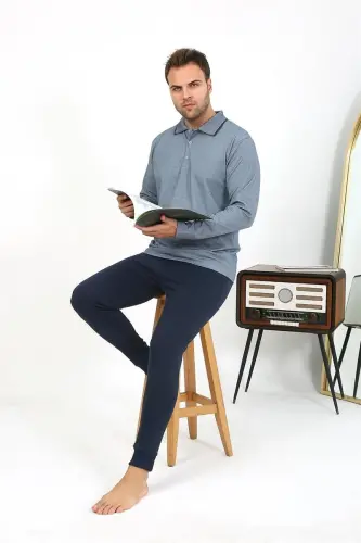 Akbeniz Erkek Polo Yaka Uzun Kol Penye Pijama Takımı Gri 6865 - 1