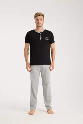Akbeniz Erkek Siyah Düğmeli Yaka Kısa Kol Pijama Takımı - 2