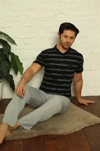 Akbeniz Erkek Siyah V Yaka 3'lü Pijama Takım 6822 - 2