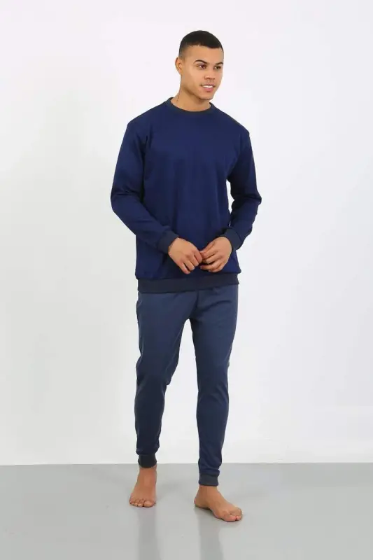 Akbeniz Erkek Uzun Kol Manşetli Paça Penye Pijama Takımı 6870 Lacivert - BÜYÜKBEDENIZ