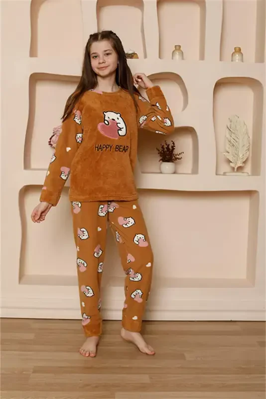 Akbeniz Girl Kids WelSoft Polar Milk Coffee Pajamas Set 20523 - 2