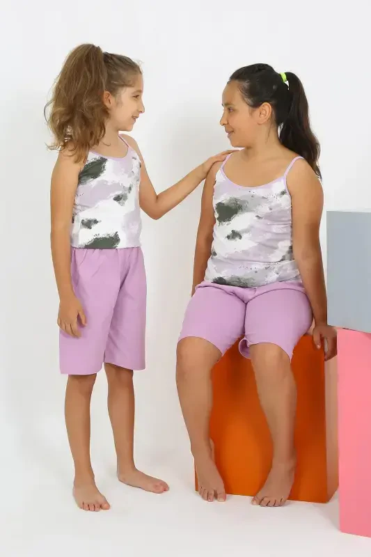 Akbeniz Girls' Sleeveless Shorts Lilac Pajama Set 20430 - 2