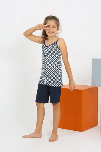Akbeniz Girls' Spaghetti Strap Short Cotton Jersey Navy Blue Pyjamas Set 20430 - AKBENIZ (1)