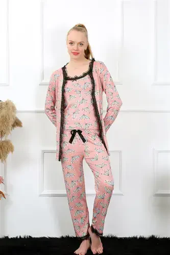 Akbeniz Kadın 3'lü Somon Sabahlık Pijama Takım 16103 