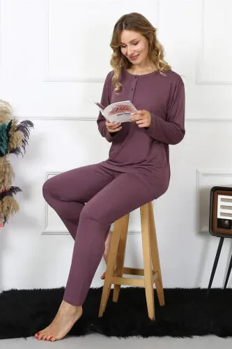 Akbeniz Kadın 4XL-5XL-6XL-7XL-8XL Büyük Beden Mürdüm Uzun Kol Pijama Takım 75013 - 3