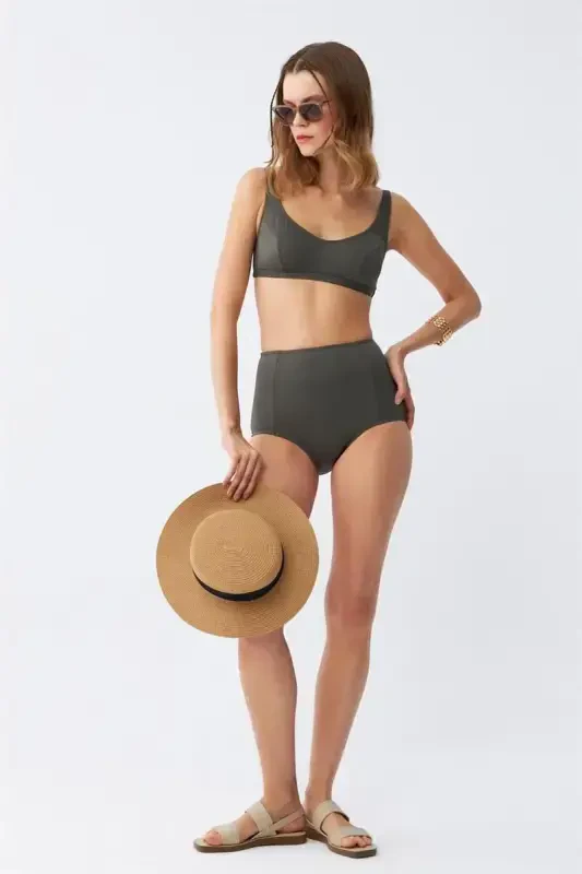 Akbeniz Kadın Basic Haki Pedli Yüksek Bel Bikini Takımı - AKBENIZ