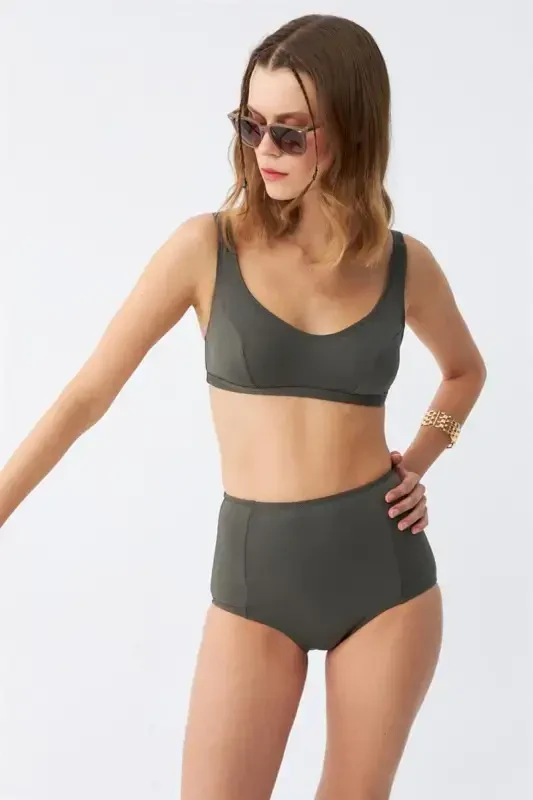 Akbeniz Kadın Basic Haki Pedli Yüksek Bel Bikini Takımı - 4
