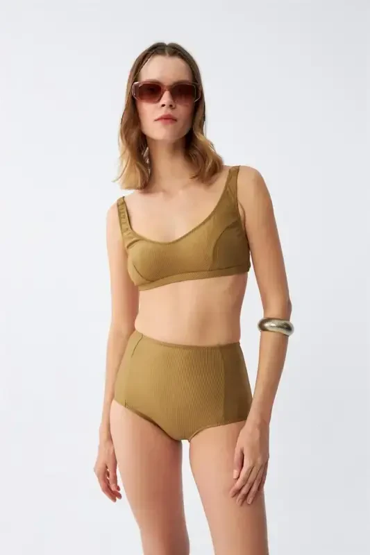Akbeniz Kadın Basic Hardal Pedli Yüksek Bel Bikini Takımı - 4