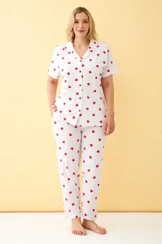 Akbeniz Kadın Beyaz Kırmızı Kalp Desenli Önden Düğmeli Büyük Beden Pijama Takımı - 1