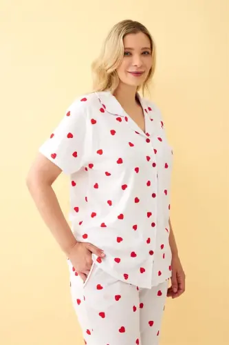 Akbeniz Kadın Beyaz Kırmızı Kalp Desenli Önden Düğmeli Büyük Beden Pijama Takımı - 2
