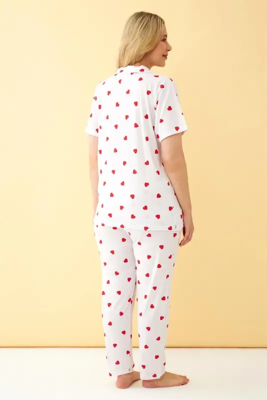 Akbeniz Kadın Beyaz Kırmızı Kalp Desenli Önden Düğmeli Büyük Beden Pijama Takımı - 5
