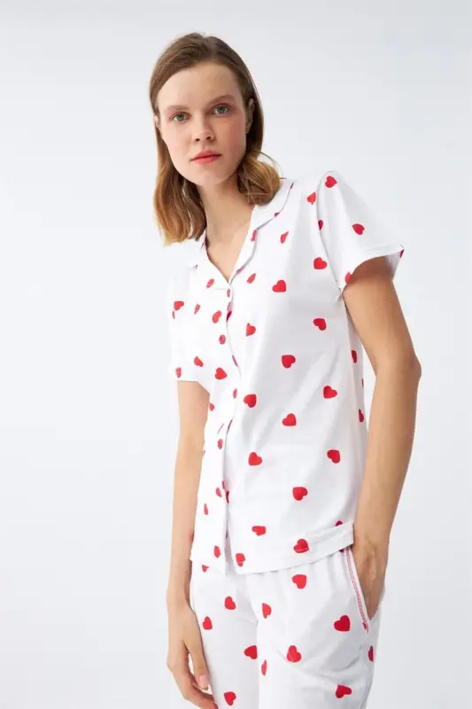 Akbeniz Kadın Beyaz Kırmızı Kalpli Önden Düğmeli Pijama Takımı - 6
