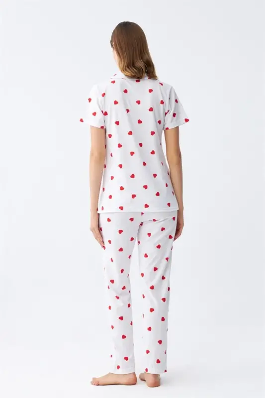 Akbeniz Kadın Beyaz Kırmızı Kalpli Önden Düğmeli Pijama Takımı - 7