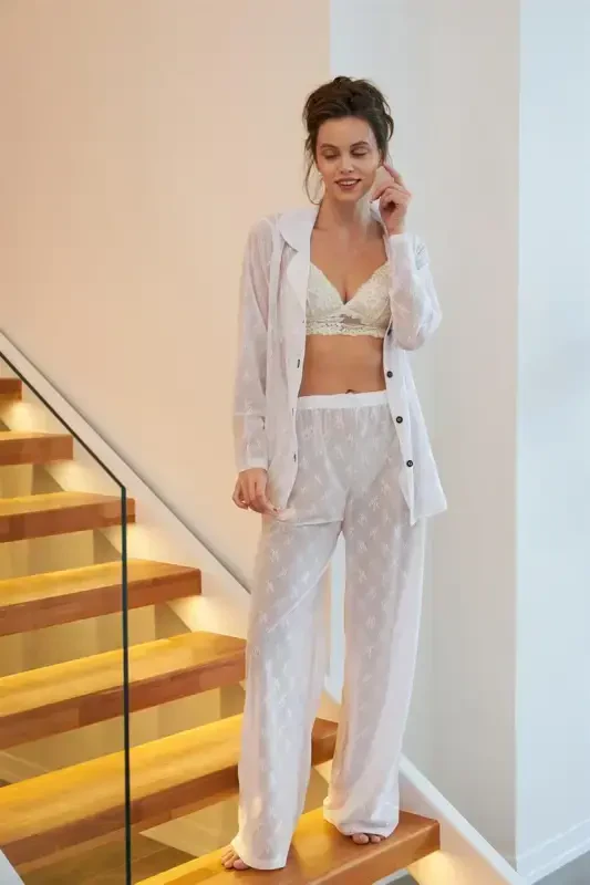 Akbeniz Kadın Beyaz Şeffaf Jakar Düğmeli Pijama Takımı - AKBENIZ