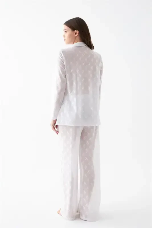 Akbeniz Kadın Beyaz Şeffaf Jakar Düğmeli Pijama Takımı - 7