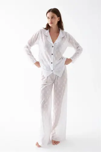 Akbeniz Kadın Beyaz Şeffaf Jakar Düğmeli Pijama Takımı - 3