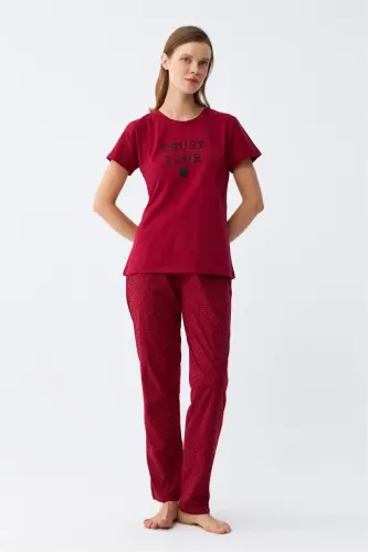 Akbeniz Kadın Bordo Kalp Desenli Kısa Kollu Penye Pijama Takımı - AKBENIZ (1)
