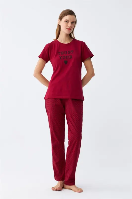Akbeniz Kadın Bordo Kalp Desenli Kısa Kollu Penye Pijama Takımı - 2
