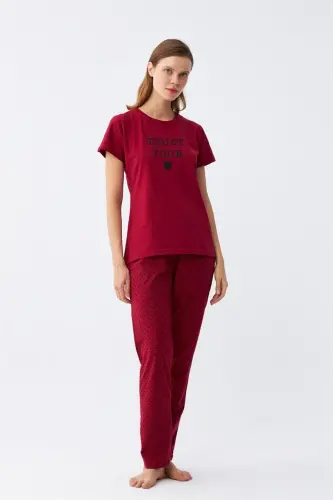 Akbeniz Kadın Bordo Kalp Desenli Kısa Kollu Penye Pijama Takımı - 3