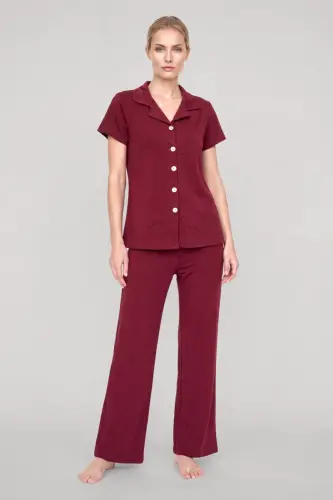 Akbeniz Kadın Bordo Klasik Gömlek Yaka Pijama Takımı - 1