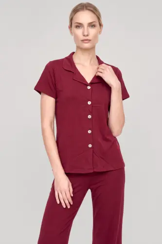Akbeniz Kadın Bordo Klasik Gömlek Yaka Pijama Takımı - BÜYÜKBEDENIZ (1)