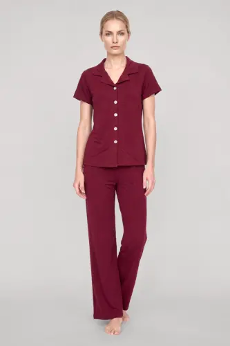 Akbeniz Kadın Bordo Klasik Gömlek Yaka Pijama Takımı - 3