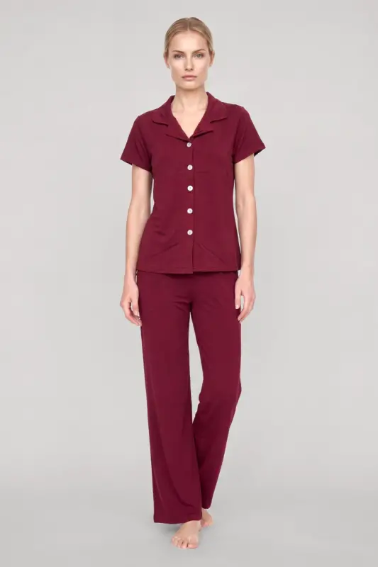 Akbeniz Kadın Bordo Klasik Gömlek Yaka Pijama Takımı - 3