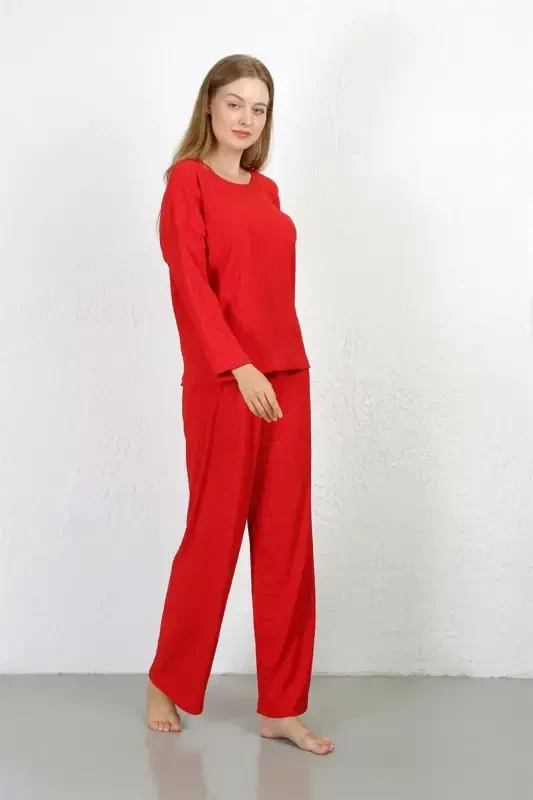 Akbeniz Kadın Bürümcük Kumaş Pijama Takım Kırmızı 4233 - 3