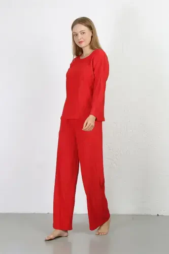 Akbeniz Kadın Bürümcük Kumaş Pijama Takım Kırmızı 4233 - 5