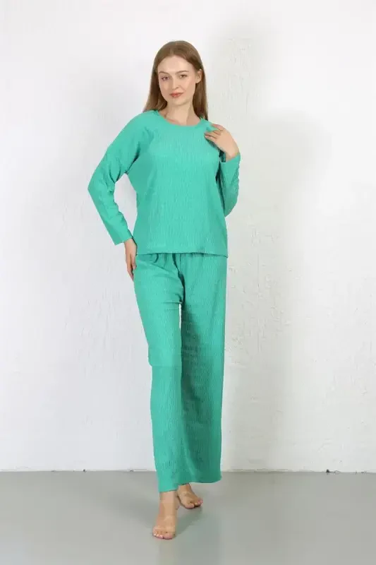 Akbeniz Kadın Bürümcük Kumaş Pijama Takım Yeşil 4233 - 4