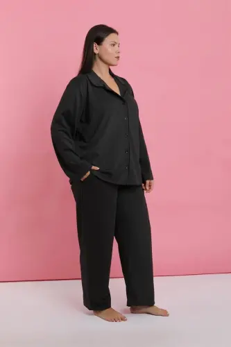 Akbeniz Kadın Büyük Beden Füme Düğmeli Pijama Takımı - 3