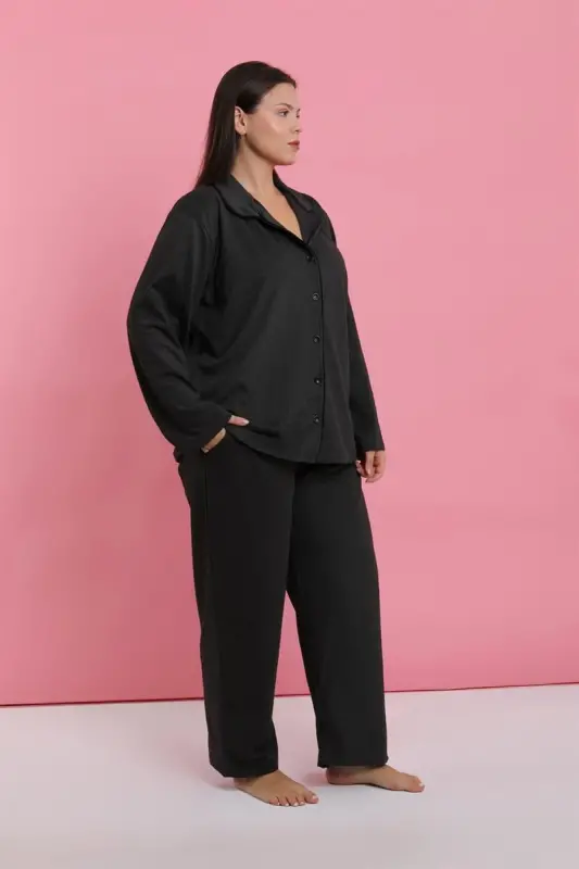 Akbeniz Kadın Büyük Beden Füme Düğmeli Pijama Takımı - 3