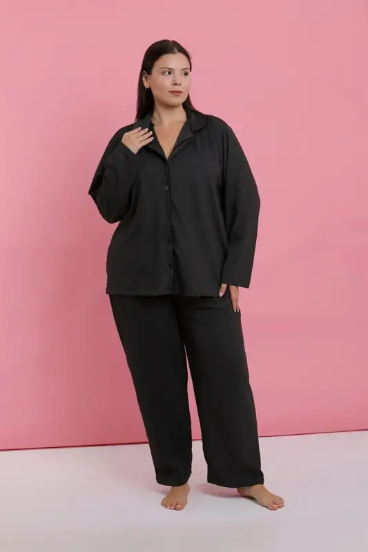 Akbeniz Kadın Büyük Beden Füme Düğmeli Pijama Takımı - 4
