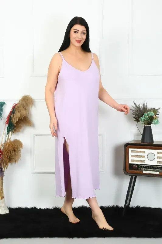 Akbeniz Kadın Büyük Beden İp Askılı Pamuklu Lila Uzun Gecelik 12100 - AKBENIZ