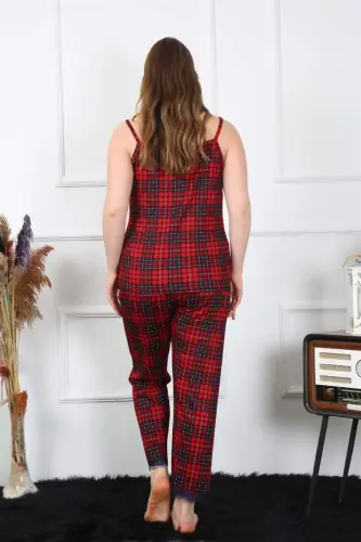 Akbeniz Kadın Büyük Beden Kırmızı Ekoseli İp Askılı Pijama Takım 202197 - 1
