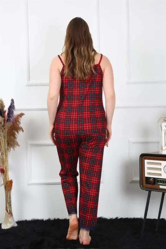 Akbeniz Kadın Büyük Beden Kırmızı Ekoseli İp Askılı Pijama Takım 202197 - 1