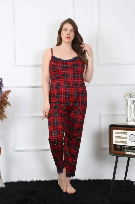 Akbeniz Kadın Büyük Beden Kırmızı Ekoseli İp Askılı Pijama Takım 202197 - 4