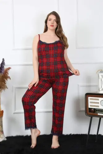 Akbeniz Kadın Büyük Beden Kırmızı Ekoseli İp Askılı Pijama Takım 202197 - 5