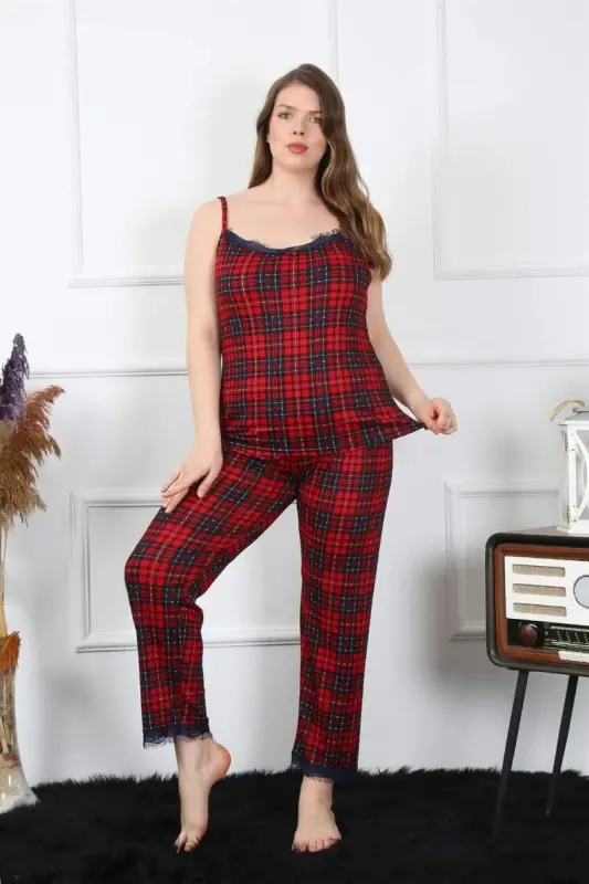 Akbeniz Kadın Büyük Beden Kırmızı Ekoseli İp Askılı Pijama Takım 202197 - 5
