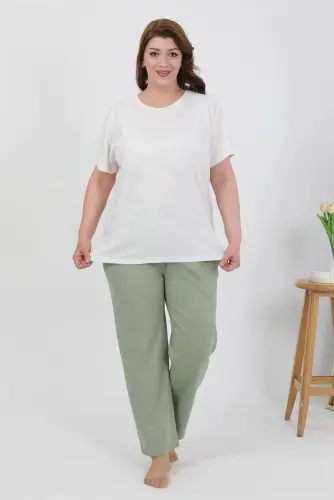 Akbeniz Kadın Büyük Beden Kısa Kol Penye Pijama Takımı Beyaz 202510 - 3