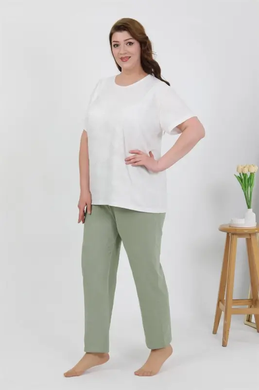 Akbeniz Kadın Büyük Beden Kısa Kol Penye Pijama Takımı Beyaz 202510 - 4