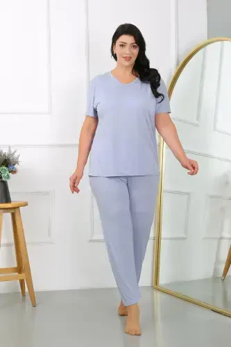 Akbeniz Kadın Büyük Beden Kısa Kol Penye Pijama Takımı Lila 202405 