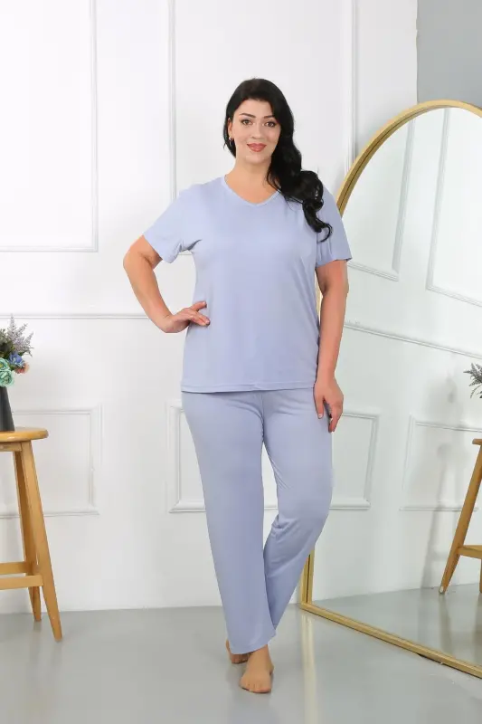 Akbeniz Kadın Büyük Beden Kısa Kol Penye Pijama Takımı Lila 202405 - 3