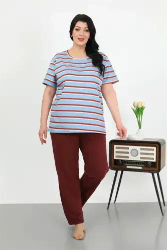 Akbeniz Kadın Büyük Beden Kısa Kol Penye Pijama Takımı Mavi 202505 