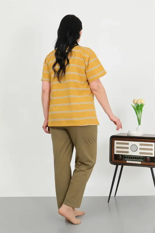 Akbeniz Kadın Büyük Beden Kısa Kol Penye Pijama Takımı Sarı 202505 - 4
