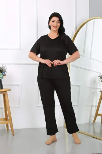 Akbeniz Kadın Büyük Beden Kısa Kol Penye Pijama Takımı Siyah 202405 - 3