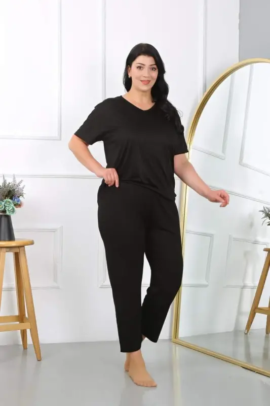 Akbeniz Kadın Büyük Beden Kısa Kol Penye Pijama Takımı Siyah 202405 - 4