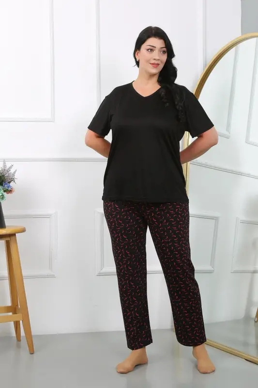 Akbeniz Kadın Büyük Beden Kısa Kol Penye Pijama Takımı Siyah 202406 - 3